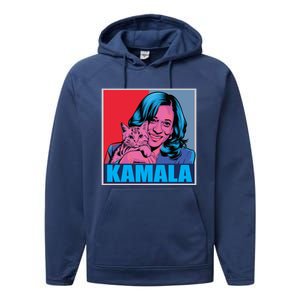 Kamala Harris Cat Pop Art Portrait Harris Walz 2024 Gift Performance Fleece Hoodie