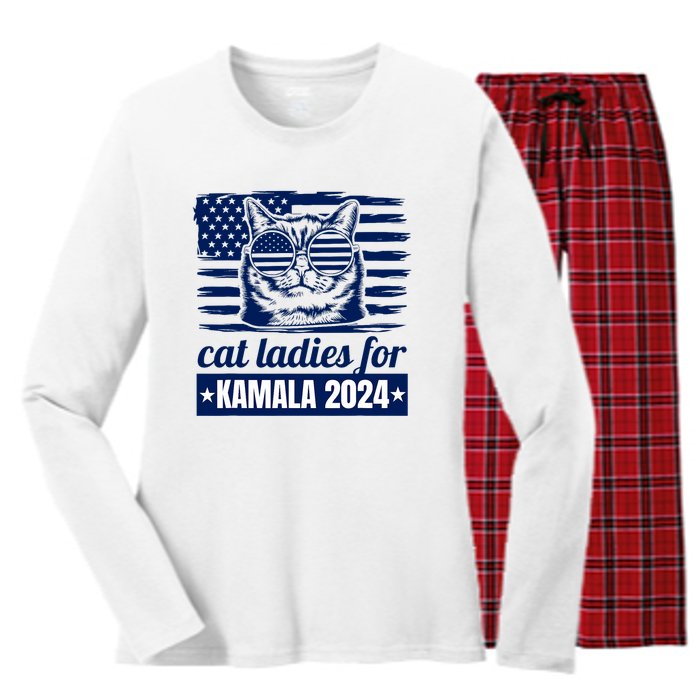 Kamala Harris Cat Lady 2024 Feminine Women Voting Funny Women's Long Sleeve Flannel Pajama Set 