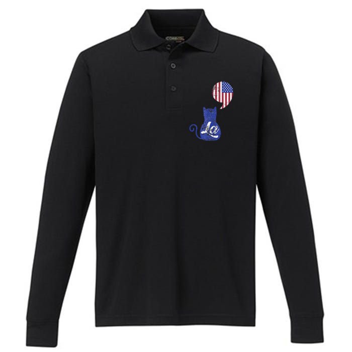 Kamala Harris Comma La Retro Cat American Flag 2024 Performance Long Sleeve Polo