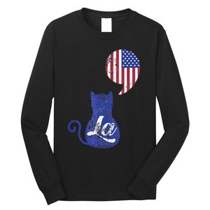 Kamala Harris Comma La Retro Cat American Flag 2024 Long Sleeve Shirt