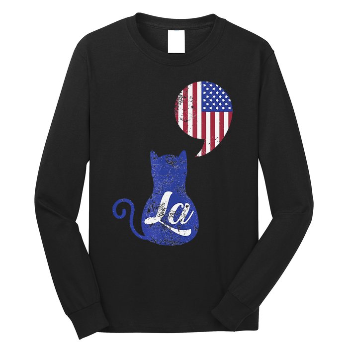 Kamala Harris Comma La Retro Cat American Flag 2024 Long Sleeve Shirt