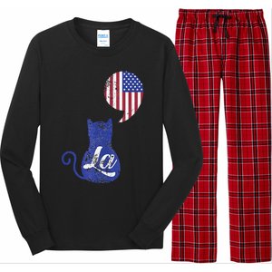 Kamala Harris Comma La Retro Cat American Flag 2024 Long Sleeve Pajama Set