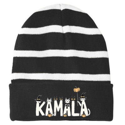 Kamala Halloween Cat Lover Witch Name Design Striped Beanie with Solid Band