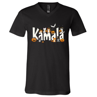 Kamala Halloween Cat Pumpkin Witch Hat Lover Kamala Haris V-Neck T-Shirt