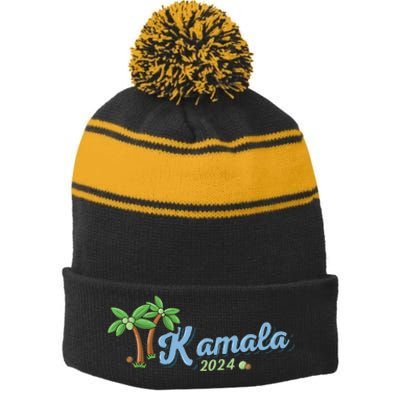 Kamala Harris Coconut Tree 2024 Democrat For President Gift Stripe Pom Pom Beanie