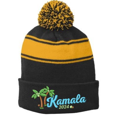 Kamala Harris Coconut Tree 2024 Democrat For President Stripe Pom Pom Beanie