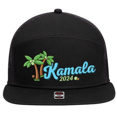 Kamala Harris Coconut Tree 2024 Democrat For President 7 Panel Mesh Trucker Snapback Hat