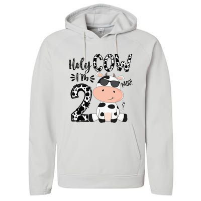 Kids Holy Cow Im 2 Birthday Boy 2nd Cow Farm Animals Bday Performance Fleece Hoodie