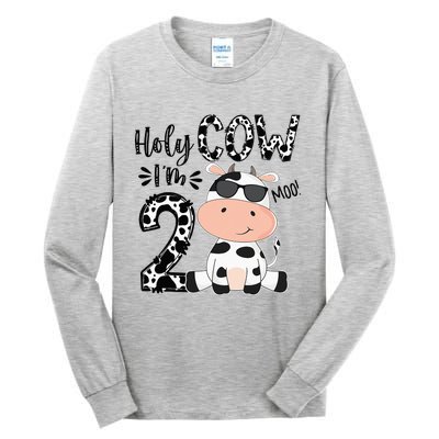 Kids Holy Cow Im 2 Birthday Boy 2nd Cow Farm Animals Bday Tall Long Sleeve T-Shirt