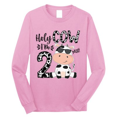 Kids Holy Cow Im 2 Birthday Boy 2nd Cow Farm Animals Bday Long Sleeve Shirt