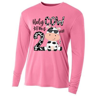 Kids Holy Cow Im 2 Birthday Boy 2nd Cow Farm Animals Bday Cooling Performance Long Sleeve Crew