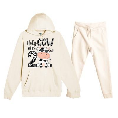 Kids Holy Cow Im 2 Birthday Boy 2nd Cow Farm Animals Bday Premium Hooded Sweatsuit Set