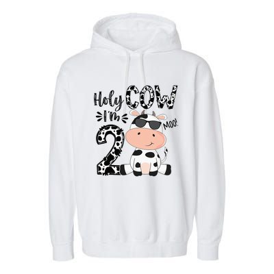 Kids Holy Cow Im 2 Birthday Boy 2nd Cow Farm Animals Bday Garment-Dyed Fleece Hoodie