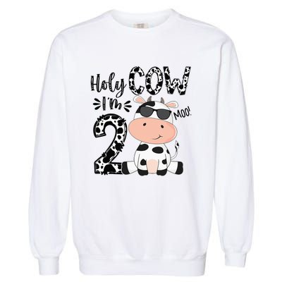 Kids Holy Cow Im 2 Birthday Boy 2nd Cow Farm Animals Bday Garment-Dyed Sweatshirt