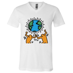 Keith Haring Earth Day Artwork V-Neck T-Shirt