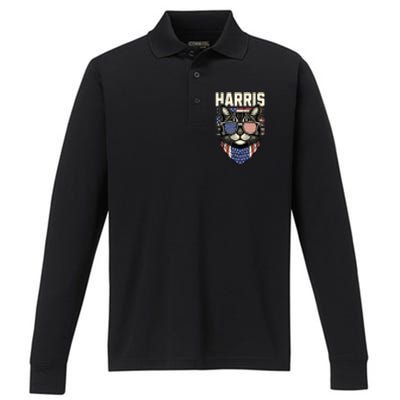 Kamala Harris For President 2024 Funny Cat Lady Graphic Election President 2024 Performance Long Sleeve Polo