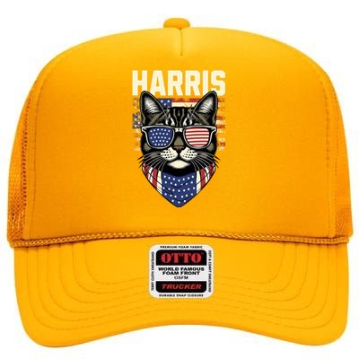 Kamala Harris For President 2024 Funny Cat Lady Graphic High Crown Mesh Back Trucker Hat