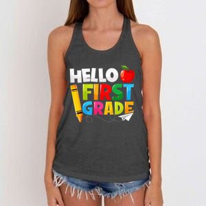 Kid Hello First Grade 1st Day Of School Teacher Women's Knotted Racerback Tank