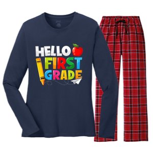 Kid Hello First Grade 1st Day Of School Teacher Women's Long Sleeve Flannel Pajama Set 