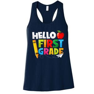 Kid Hello First Grade 1st Day Of School Teacher Women's Racerback Tank