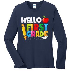 Kid Hello First Grade 1st Day Of School Teacher Ladies Long Sleeve Shirt