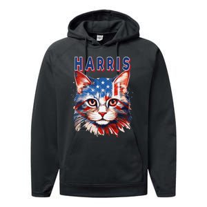 Kamala Harris For President 2024 Election Usa Flag Cat Lady Performance Fleece Hoodie