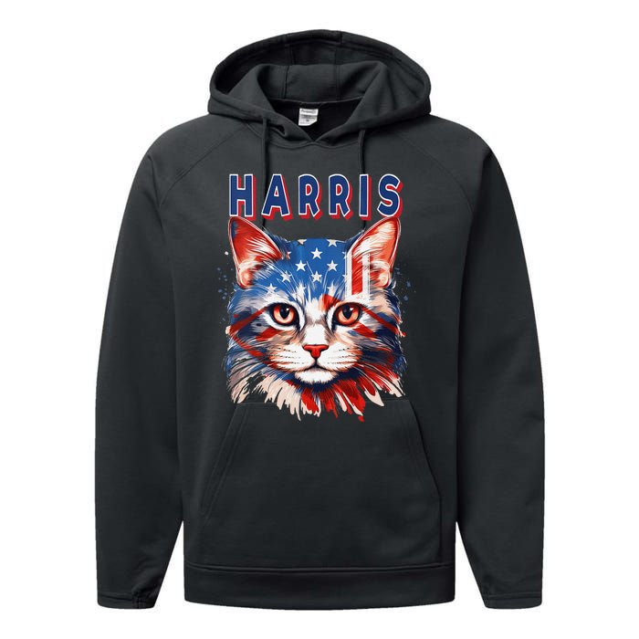 Kamala Harris For President 2024 Election Usa Flag Cat Lady Performance Fleece Hoodie