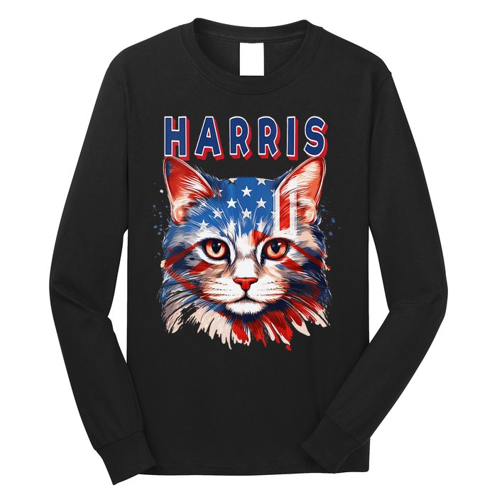 Kamala Harris For President 2024 Election Usa Flag Cat Lady Long Sleeve Shirt