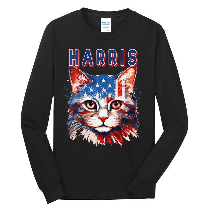 Kamala Harris For President 2024 Election Usa Flag Cat Lady Tall Long Sleeve T-Shirt