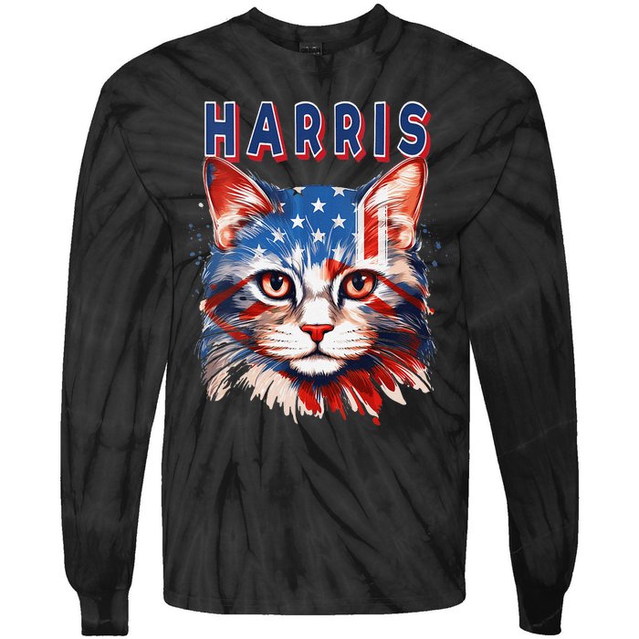 Kamala Harris For President 2024 Election Usa Flag Cat Lady Tie-Dye Long Sleeve Shirt