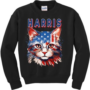 Kamala Harris For President 2024 Election Usa Flag Cat Lady Kids Sweatshirt