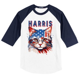 Kamala Harris For President 2024 Election Usa Flag Cat Lady Baseball Sleeve Shirt