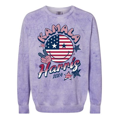 Kamala Harris For President 2024 Smiley Emoji Icon Us Flag Colorblast Crewneck Sweatshirt