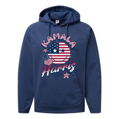 Kamala Harris For President 2024 Smiley Emoji Icon Us Flag Performance Fleece Hoodie