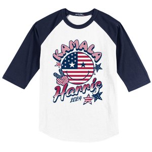 Kamala Harris For President 2024 Smiley Emoji Icon Us Flag Baseball Sleeve Shirt