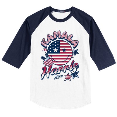 Kamala Harris For President 2024 Smiley Emoji Icon Us Flag Baseball Sleeve Shirt