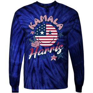 Kamala Harris For President 2024 Smiley Emoji Icon Us Flag Tie-Dye Long Sleeve Shirt