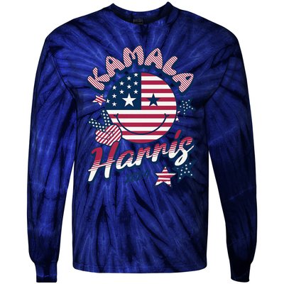 Kamala Harris For President 2024 Smiley Emoji Icon Us Flag Tie-Dye Long Sleeve Shirt