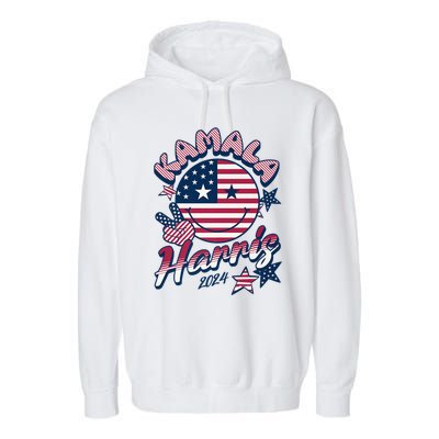 Kamala Harris For President 2024 Smiley Emoji Icon Us Flag Garment-Dyed Fleece Hoodie