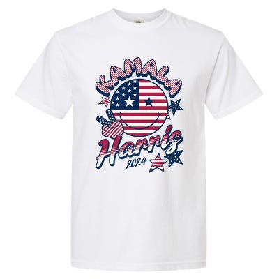 Kamala Harris For President 2024 Smiley Emoji Icon Us Flag Garment-Dyed Heavyweight T-Shirt