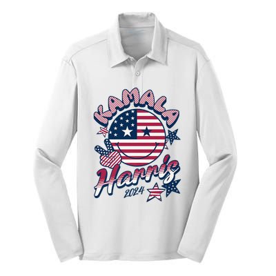 Kamala Harris For President 2024 Smiley Emoji Icon Us Flag Silk Touch Performance Long Sleeve Polo