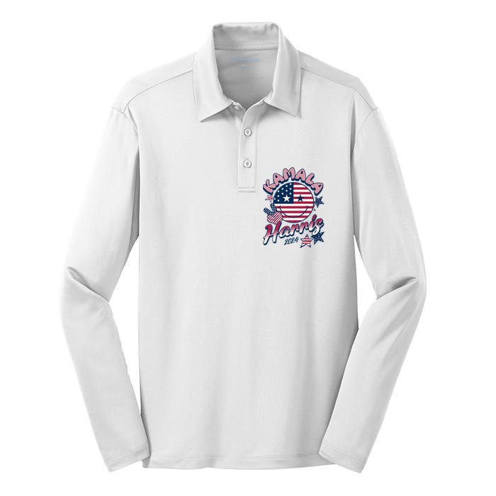 Kamala Harris For President 2024 Smiley Emoji Icon Us Flag Silk Touch Performance Long Sleeve Polo