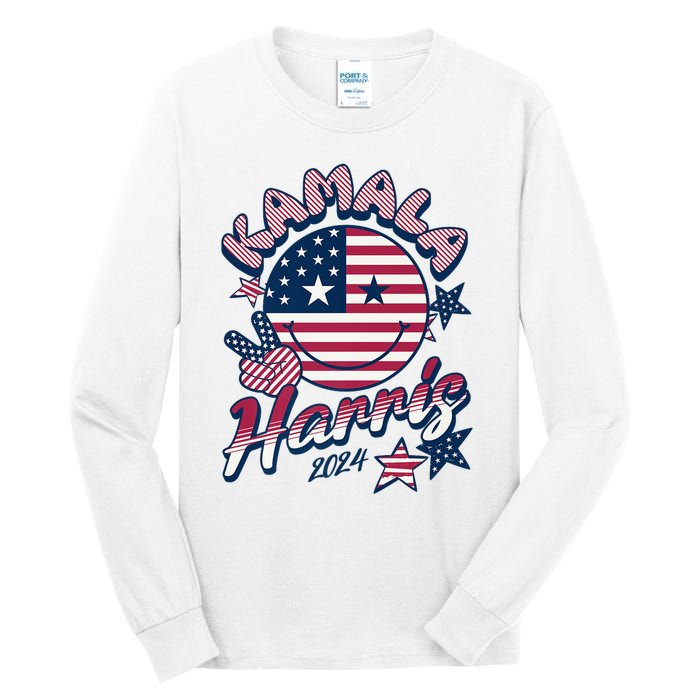 Kamala Harris For President 2024 Smiley Emoji Icon Us Flag Tall Long Sleeve T-Shirt