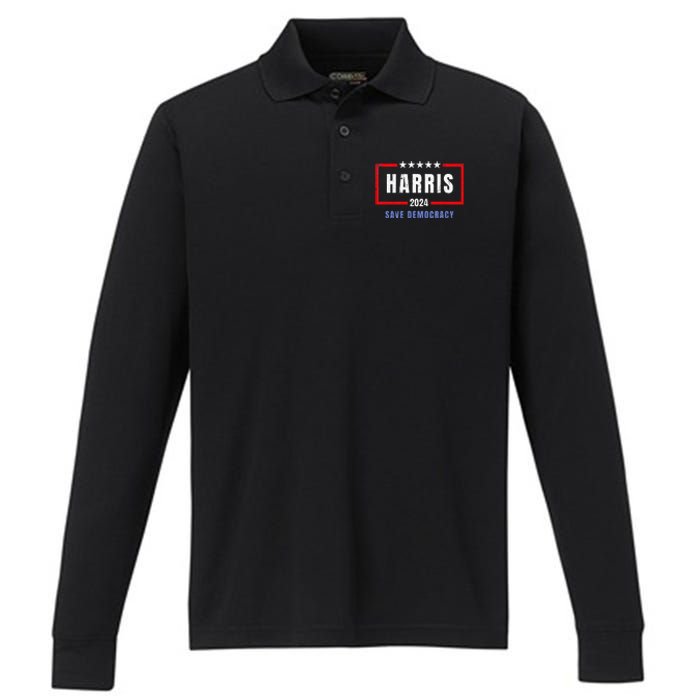 Kamala Harris For President 2024 Harris Save Democracy Performance Long Sleeve Polo