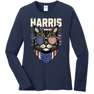 Kamala Harris For President 2024 Funny Cat Lady Graphic Ladies Long Sleeve Shirt