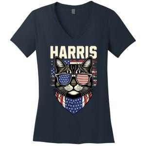 Kamala Harris For President 2024 Funny Cat Lady Graphic Women's V-Neck T-Shirt