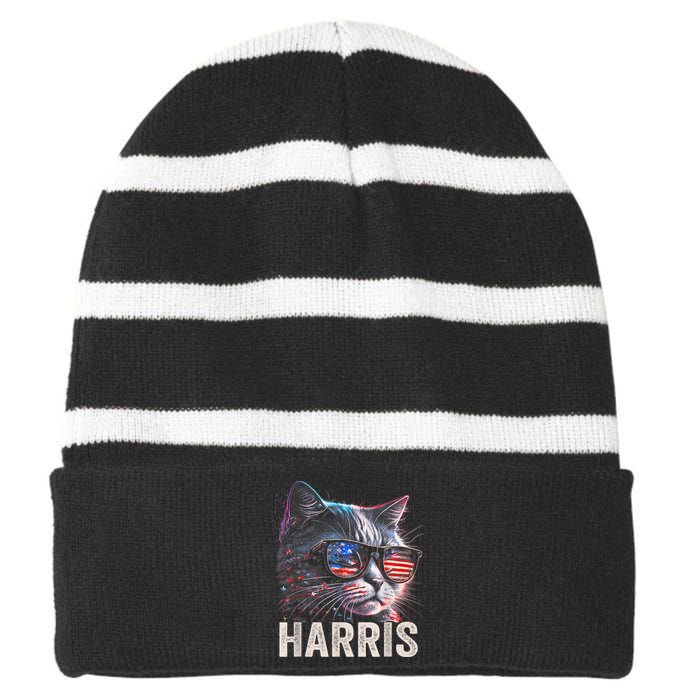 Kamala Harris For President 2024 Funny Cat Graphic Striped Beanie with Solid Band