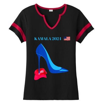 Kamala Harris For President 2024 High Heel Crushed Maga Hat Ladies Halftime Notch Neck Tee