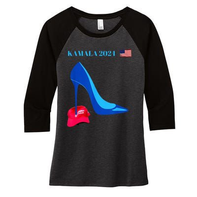 Kamala Harris For President 2024 High Heel Crushed Maga Hat Women's Tri-Blend 3/4-Sleeve Raglan Shirt