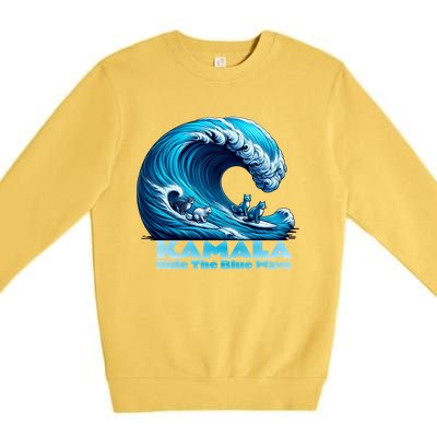 Kamala Harris For President Blue Wave Surfing Cats 2024 Gift Premium Crewneck Sweatshirt